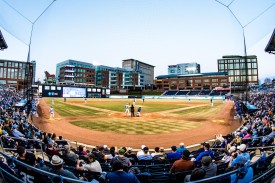 Fans attend a Duke baseball game at the Durham Bulls Athletic Park.